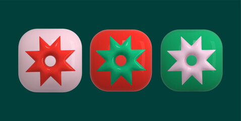 Abstract geometric shape on green background. 3d red, white, green square, button, icon. Winter design elements for card, new year template, flayer. Vector illustration minimalist style