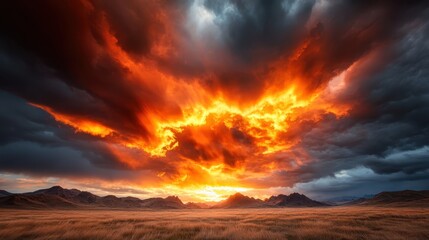 A breathtaking view of a vibrant sunset illuminating dark clouds over an expansive mountain landscape, showcasing the beauty of nature in vivid colors and dramatic lighting.