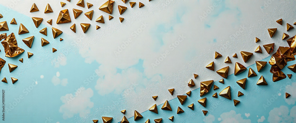 Poster a blue and white background with gold triangles scattered across it. the triangles are of various si