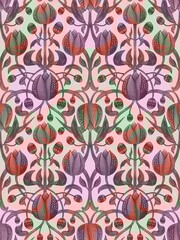This seamless pattern features elegant purple tulips with green leaves on a dark background, creating a sophisticated and stylish floral design.