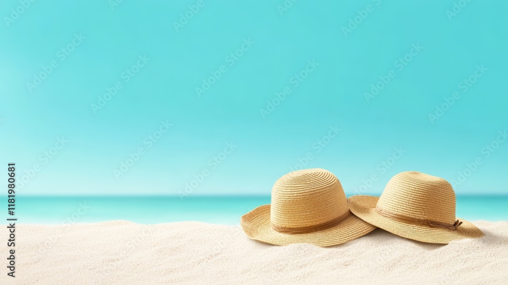 Poster two straw hats are lying on a pristine white sandy beach with a tranquil turquoise ocean and clear b