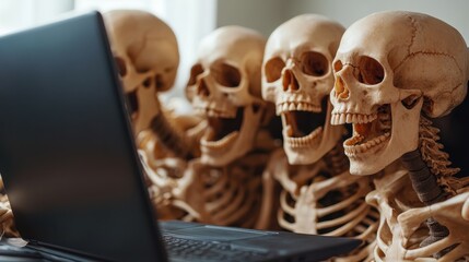 A humorous depiction of several skeletons interacting with a laptop, showcasing a blend of comedy and technology in a light-hearted and whimsical environment.