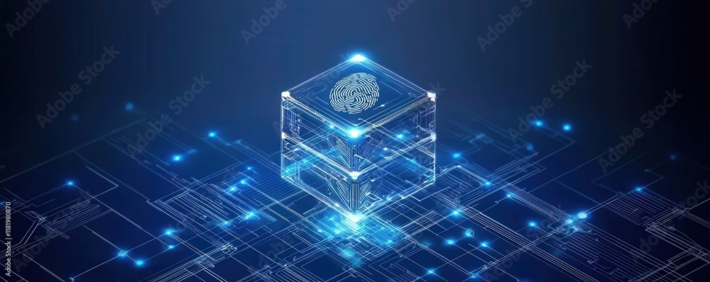 Poster a digital representation of a transparent cube featuring a fingerprint, symbolizing identity verific