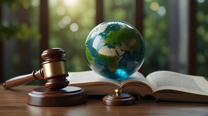 Environmental Law Concept Earth Globe, Gavel, and Green Leaves V6