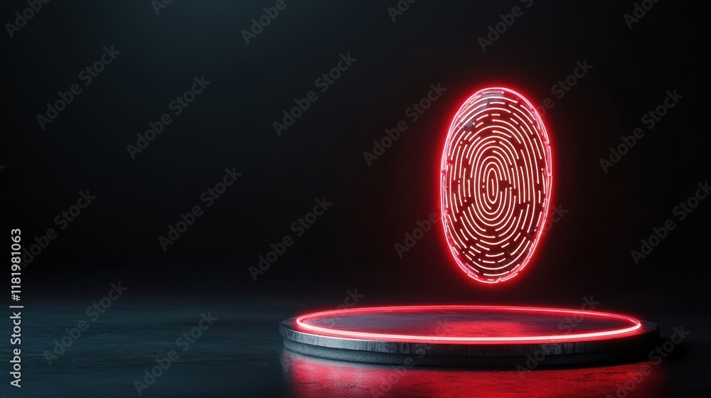 Poster a glowing red fingerprint hologram displayed above a circular base on a dark background, suggesting 