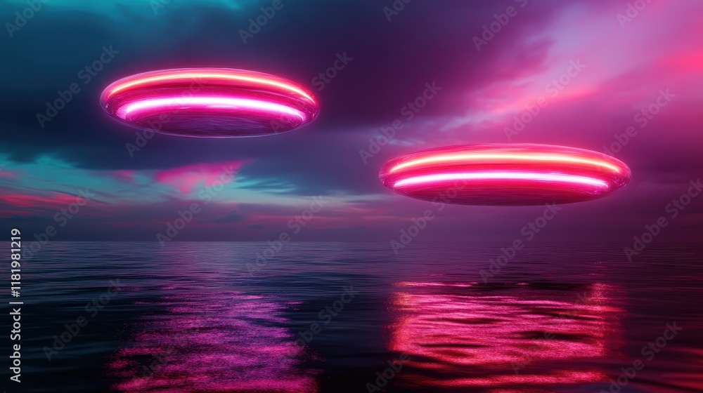 Poster futuristic flying discs glowing with neon lights hover above vibrant waters, creating a vivid and dy