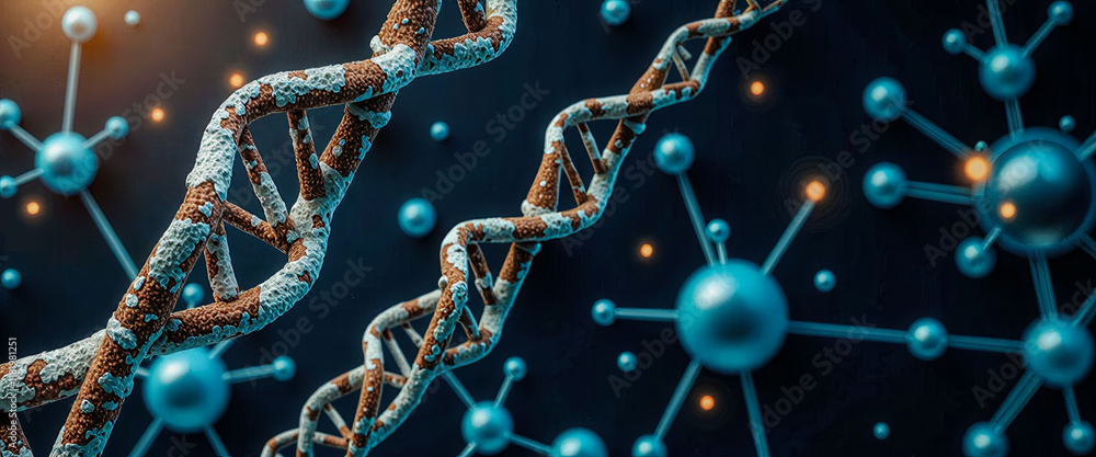 Poster a close up of dna strands and spheres. the dna strands are brown and white and the spheres are blue.