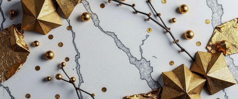 Poster a counter top with a hexagonal pattern and gold coins on it. the gold coins are scattered around the
