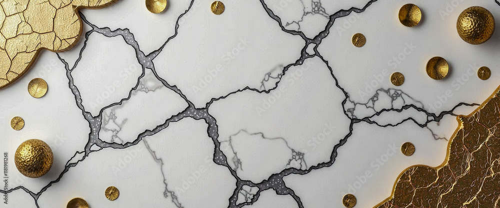 Poster a counter top with a hexagonal pattern and gold coins on it. the gold coins are scattered around the