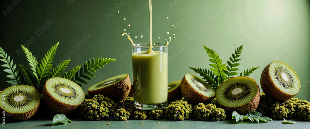 Poster a glass of green juice with a splash of it on the table. there are also slices of kiwi fruit on the 