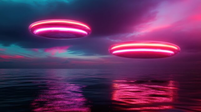 Futuristic flying discs glowing with neon lights hover above vibrant waters, creating a vivid and dynamic atmosphere reflecting themes of technology and creativity. - Powered by Adobe