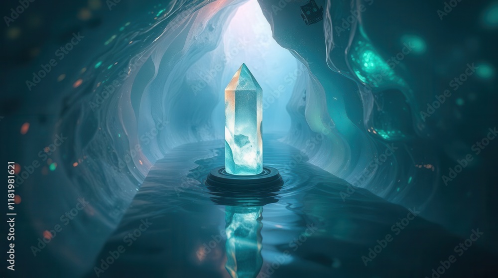 Poster a serene, glowing crystal stands in a reflective pool within an enchanting cave, illuminated by soft