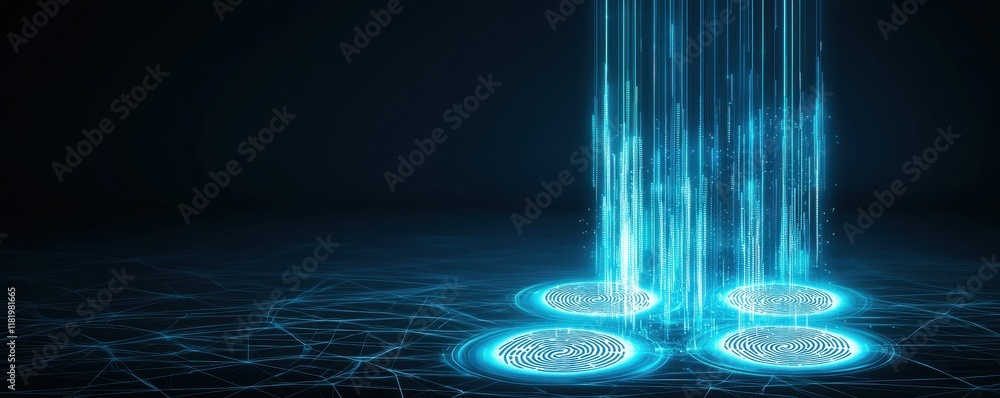 Aufkleber a digital scene featuring glowing circular patterns with vertical light beams, creating a futuristic