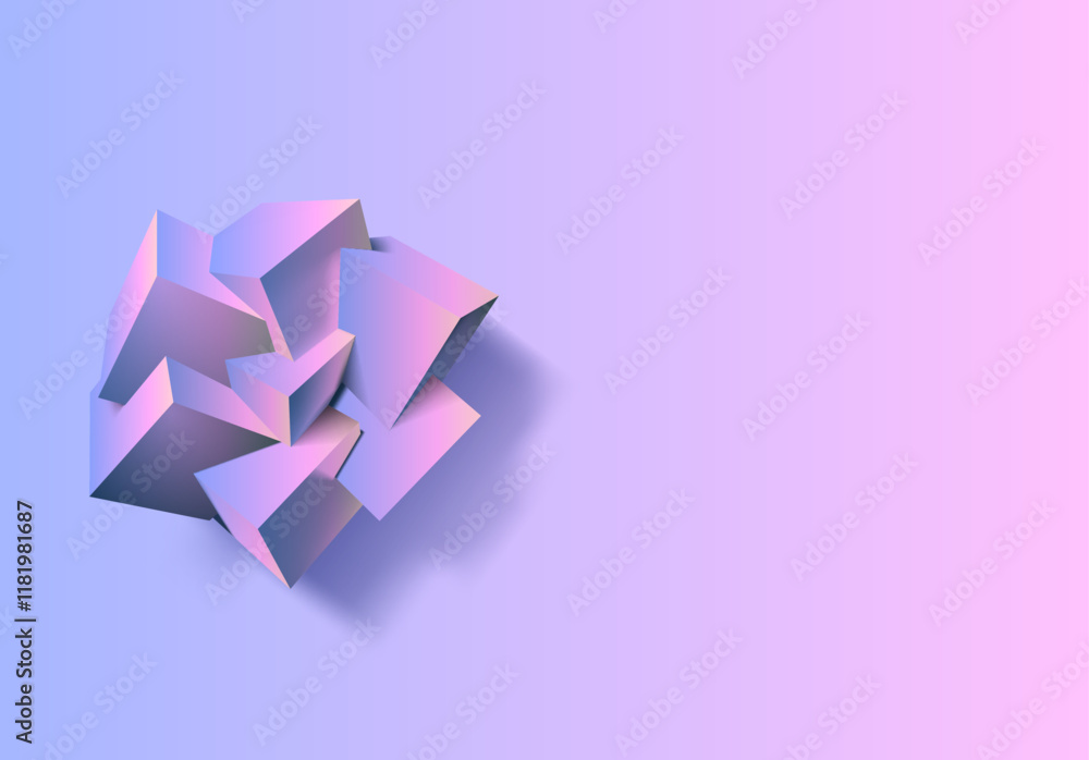 Poster Abstract 3D background with mix of cubes. Geometric shapes intersecting in violet and pink y2k styled background