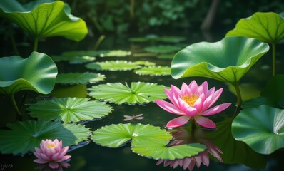 Vibrant pink lotus flowers on a serene pond