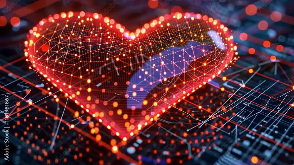 Poster A glowing heart composed of interconnected dots and lines is set against a backdrop of complex data patterns. This vibrant visual represents the fusion of love and technology in a digital age.
