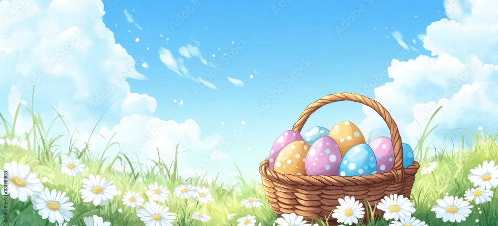 Poster a basket of colorful easter eggs is placed on the grass, surrounded by white daisies and a blue sky 
