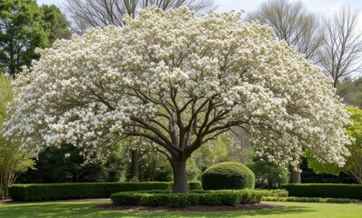 Magnificent blooming white magnolia tree