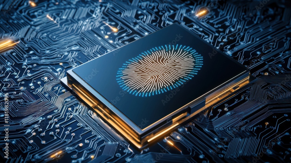 Poster a futuristic fingerprint sensor on a circuit board, symbolizing advanced technology and security in 