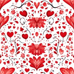 Beautiful Heart Pattern Design with Flowers and Swirls in Shades of Red and Pink on a White Background