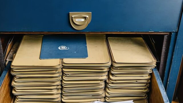 Filing cabinet drawer with organized manila folders and a blue folder in a quiet office setting