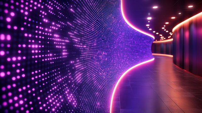 Purple LED lights illuminate a curved hallway
