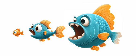 Fototapeta premium Big fish eating little fish big fish with open mouth swims after smaller fish Isolated on white background