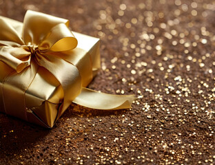Gift wrapped in bronze paper with golden ribbons on a dark brown textured background. A ready-made background for card design.