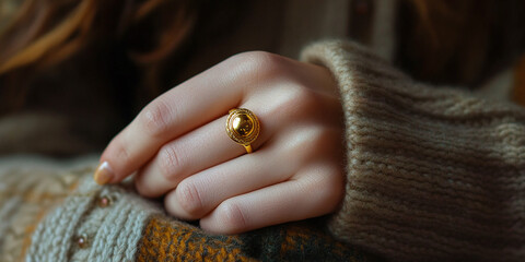 Close-up of a woman’s hand wearing a gold ring, with a soft focus on her face and background, evoking a cozy autumn or winter vibe.
