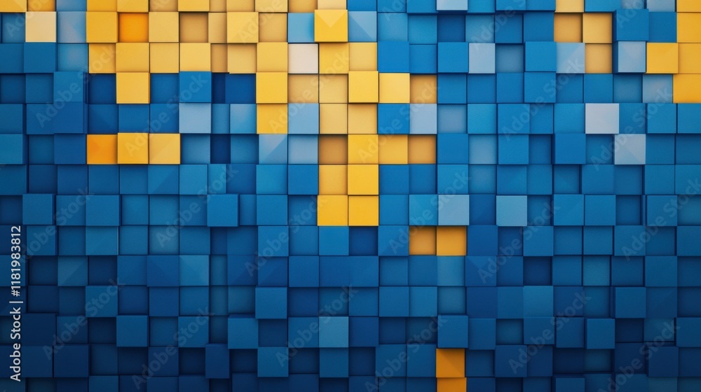 Poster a vibrant abstract design featuring blue and yellow square tiles arranged in a dynamic pattern.