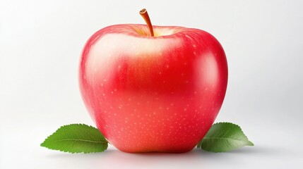 Obraz premium Vibrant red apple with green leaves on white background