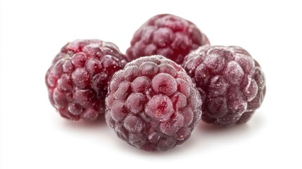 Four frozen raspberries on white background highlighting frosty texture