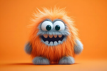 Funny fluffy monster isolated on clear bright orange background. Happy and furry little monster. Cute yeti. Halloween character
