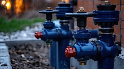 A blue water main plant features two large pipes with gate valves, captured in natural light highlighting the sharp details