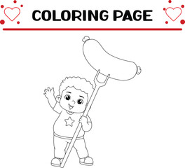 cute boy holding fork big sausage coloring page for kids