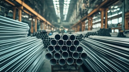 A close-up of steel pipes stacked in a modern industrial warehouse.