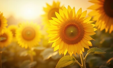Vibrant sunflowers basking in golden sunlight