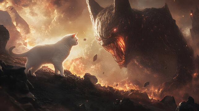 A powerful white cat summoning a burst of cosmic energy to defeat a massive alien creature, standing heroically on the edge of a cratered battlefield 