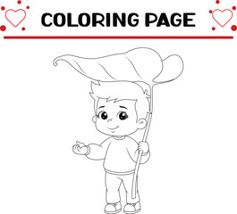 cute boy is holding big leaf coloring page for kids