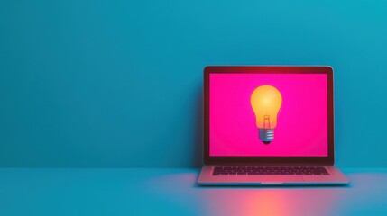 A laptop displays a glowing light bulb against a vibrant pink background, symbolizing creativity and innovation.
