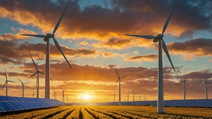 Obraz premium Image is a vibrant landscape photograph featuring a field of solar panels in the foreground, with several large wind turbines in the background.