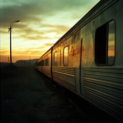 Fototapeta premium Sunset Train Journey: A Golden Hour Railroad Landscape