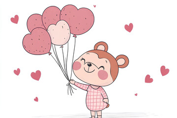 Obraz premium Cute bear character holding heart-shaped balloons in a cheerful setting with pink hearts in the background