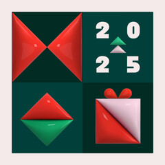 Geometric Xmas card. 3d abstract winter holiday icons on grid. Geometric pattern. New year decoration season element. Vector illustration