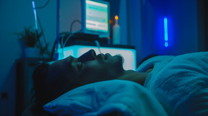 Person sleeping peacefully in a dark room with soft blue light from a sleep monitoring device, surrounded by medical equipment and charts, symbolizing sleep research and health technology.