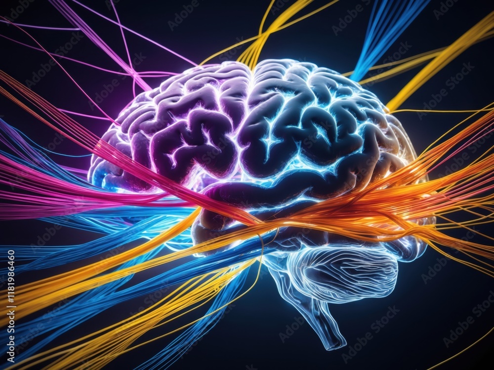 Poster intricate neural pathways illuminate a creative mind with vibrant colors in a surreal representation
