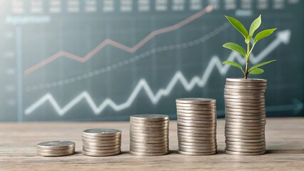 Financial Growth Illustration  Stacked Coins with Growing Plant 