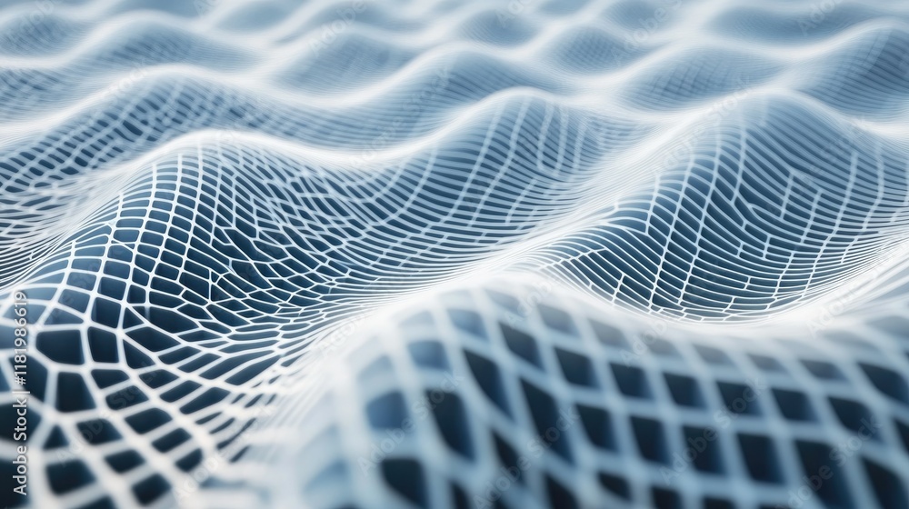 Poster abstract 3d white grid with a wavy, undulating surface, giving a futuristic and fluid texture to the