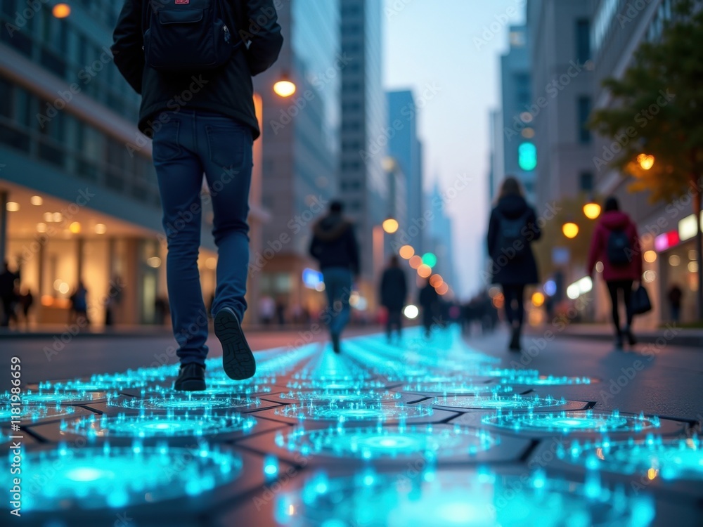Poster concept of energy displayed through illuminated pathways in an urban setting at night with pedestria