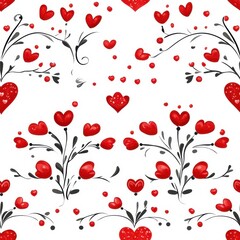 Romantic Floral Pattern with Hearts and Swirls in Red and Black on White Background for Elegant Designs